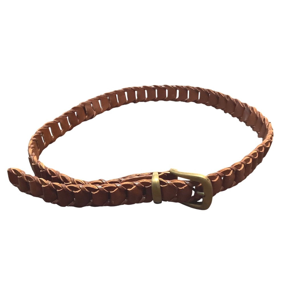 Vintage Brown Woven Braided Genuine Leather Belt Brass‎ Buckle Size L 38 Inch